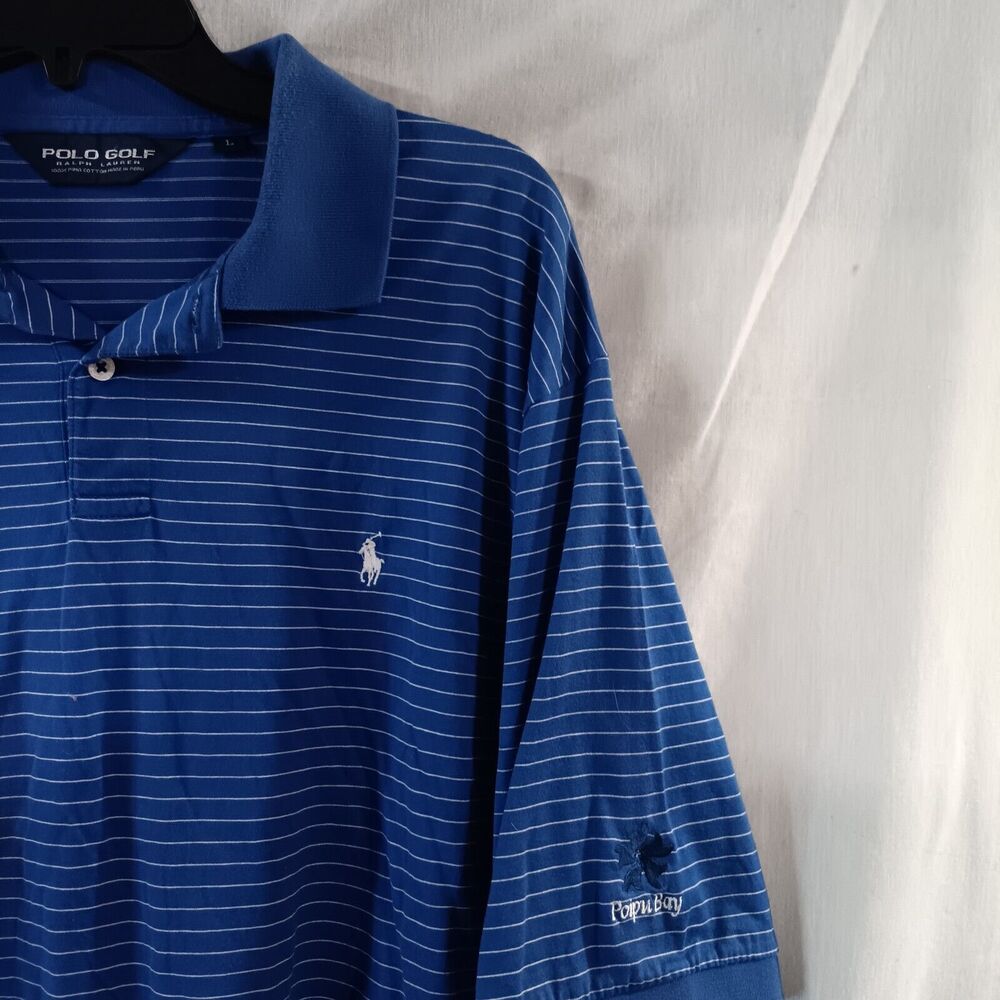 Ralph Lauren Polo Golf Shirt Blue Striped Size Lg 100% Cotton Hawaiian Poipu Bay
